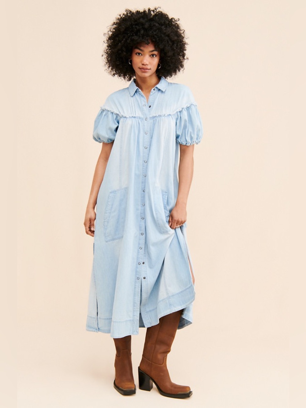 Free People Light Blue Puff-Sleeve Button-Front Midi Dress